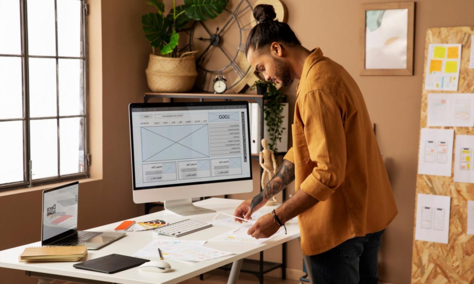 Apprenant travaillant sur un contenu SEO structuré avec des outils numériques modernes